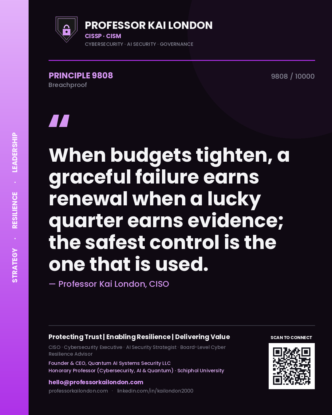 Quote card by Professor Kai London reading 'When budgets tighten, a graceful failure earns renewal when a lucky quarter earns evidence; the safest control is the one that is used.'. From the book Breachproof.