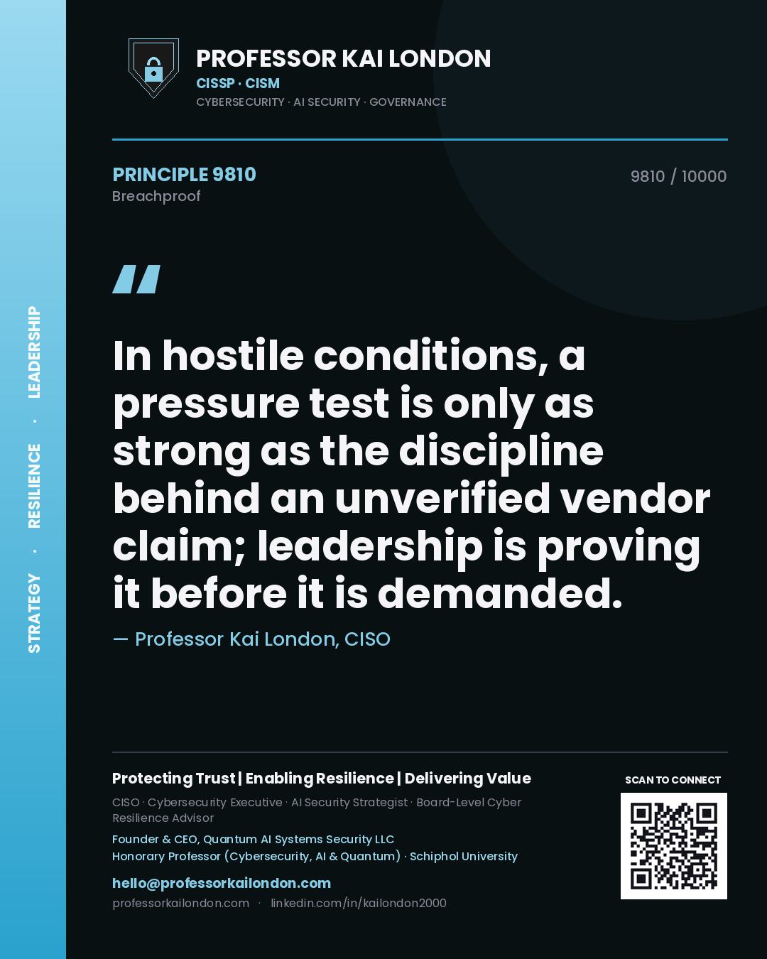 Professor Kai London principle 9810: In hostile conditions, a pressure test is only as strong as the discipline behind an unverified vendor claim; leadership is proving it before it is demanded.