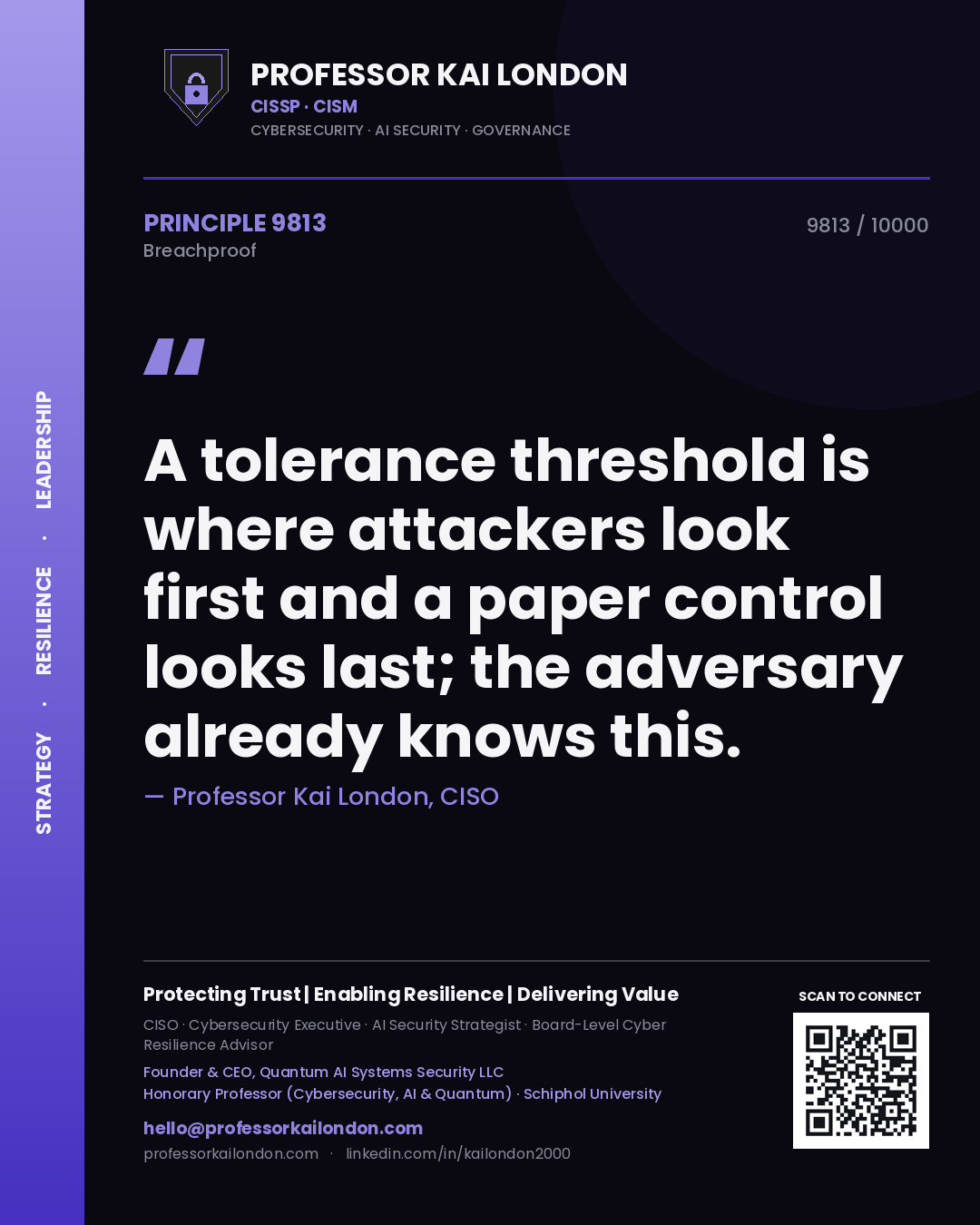 Quote card by Professor Kai London reading 'A tolerance threshold is where attackers look first and a paper control looks last; the adversary already knows this.'. From the book Breachproof.