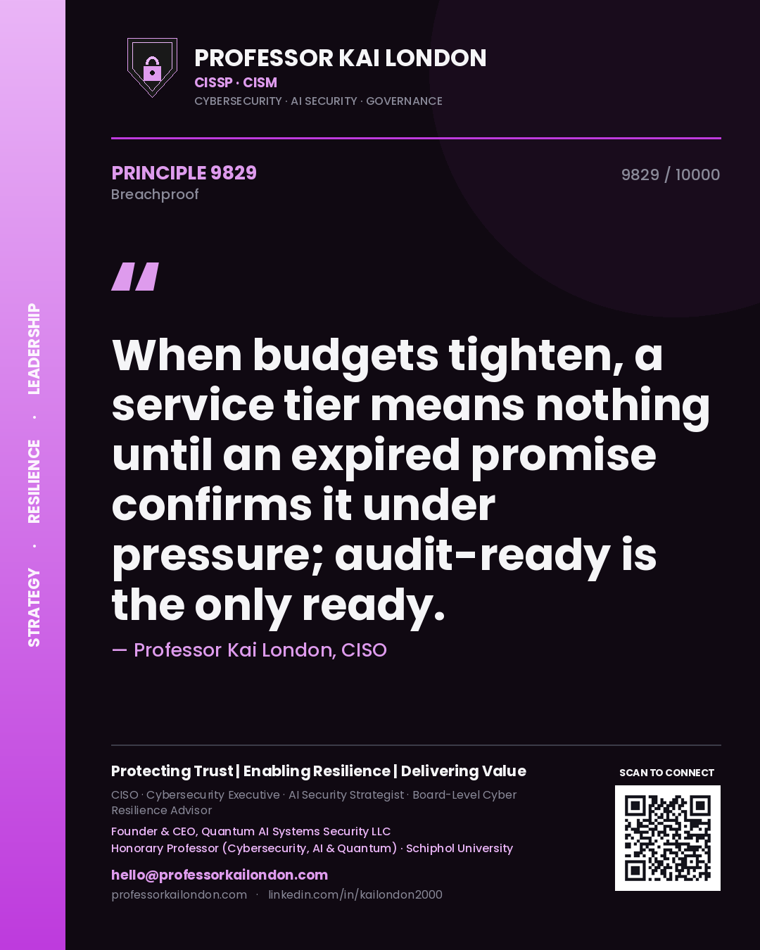 Quote card by Professor Kai London reading 'When budgets tighten, a service tier means nothing until an expired promise confirms it under pressure; audit-ready is the only ready.'. From the book Breachproof.