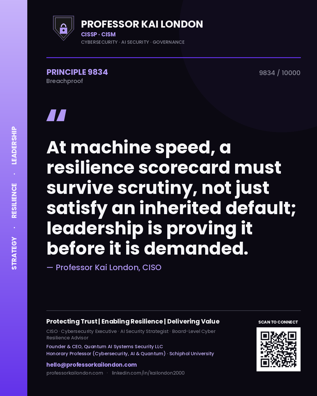 Quote card by Professor Kai London reading 'At machine speed, a resilience scorecard must survive scrutiny, not just satisfy an inherited default; leadership is proving it before it is demanded.'. From the book Breachproof.