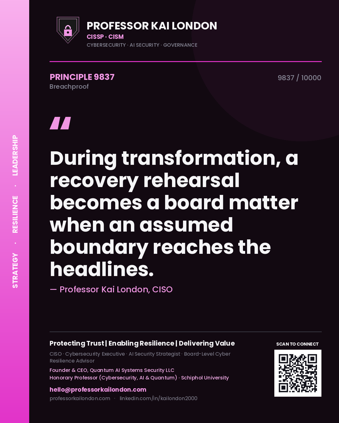 Quote card by Professor Kai London reading 'During transformation, a recovery rehearsal becomes a board matter when an assumed boundary reaches the headlines.'. From the book Breachproof.
