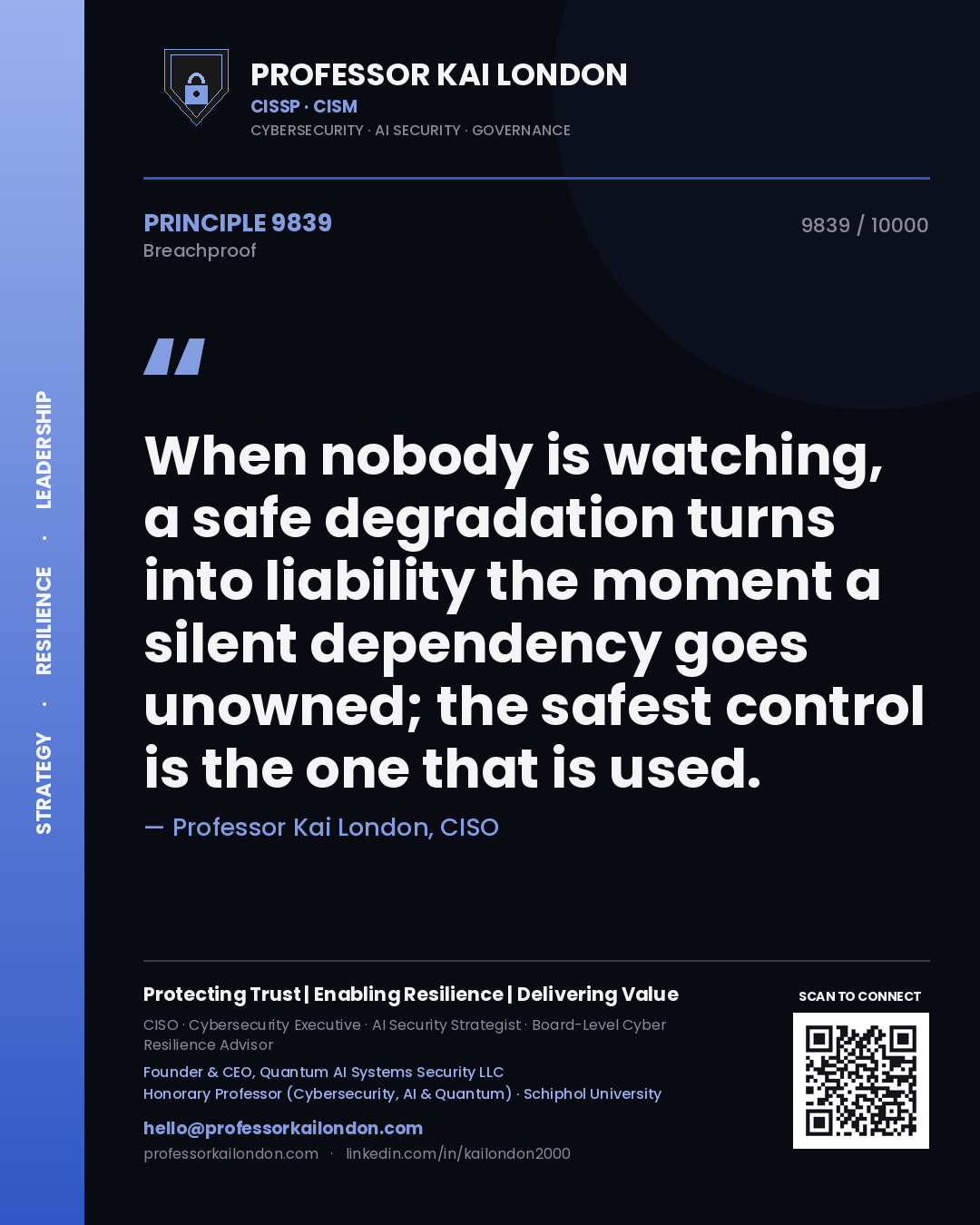 Quote card by Professor Kai London reading 'When nobody is watching, a safe degradation turns into liability the moment a silent dependency goes unowned; the safest control is the one that is used.'. From the book Breachproof.