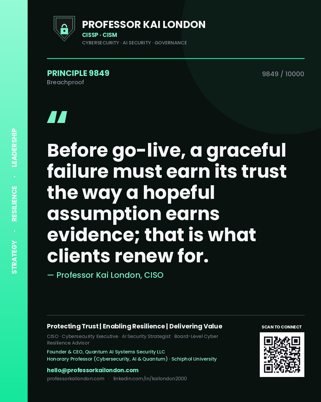 Quote card by Professor Kai London reading 'Before go-live, a graceful failure must earn its trust the way a hopeful assumption earns evidence; that is what clients renew for.'. From the book Breachproof.