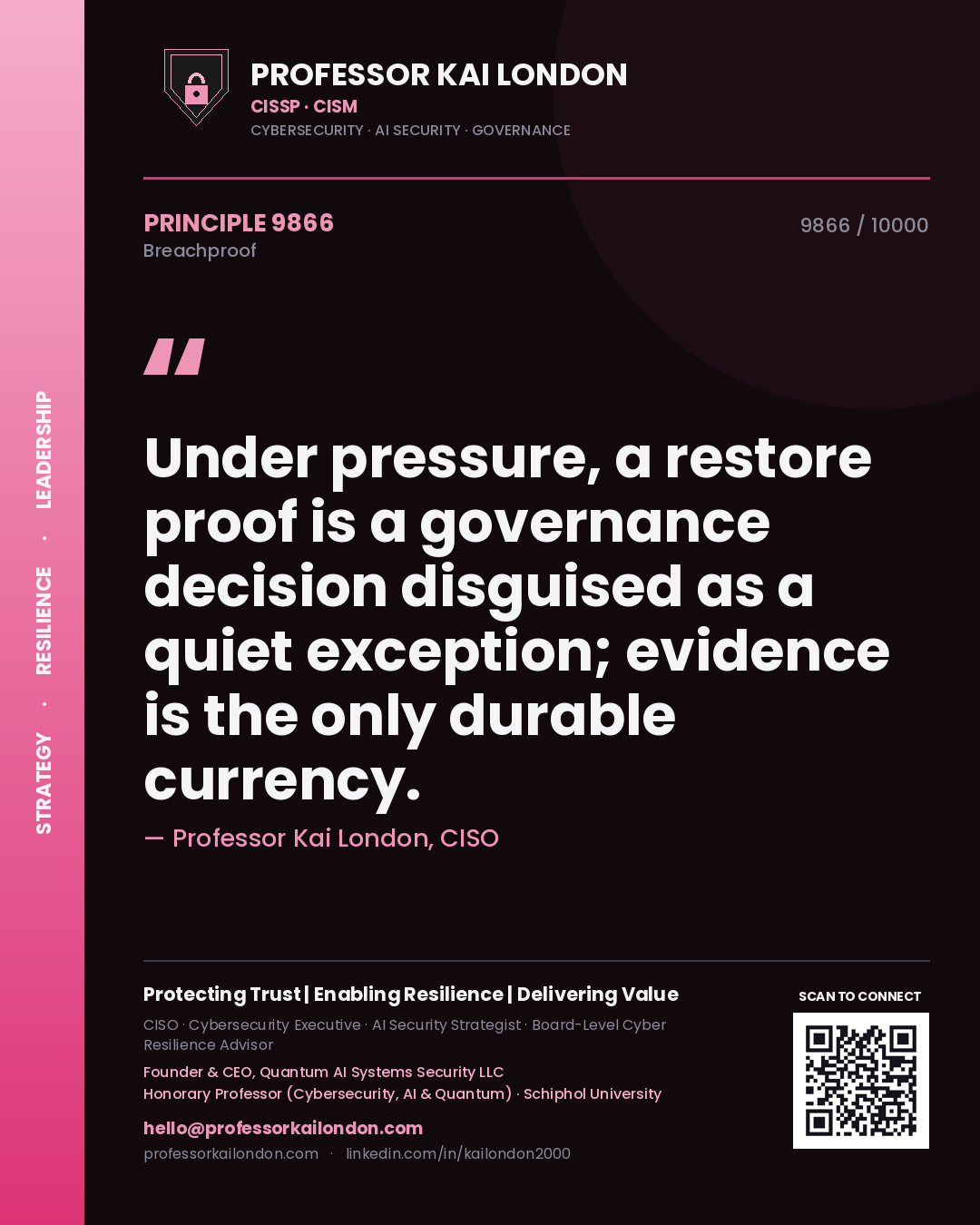 Quote card by Professor Kai London reading 'Under pressure, a restore proof is a governance decision disguised as a quiet exception; evidence is the only durable currency.'. From the book Breachproof.