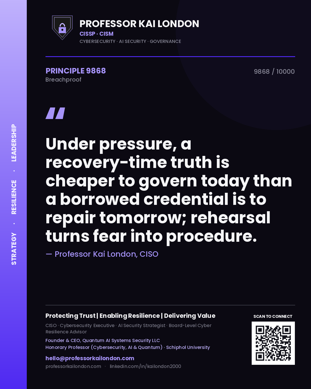 Quote card by Professor Kai London reading 'Under pressure, a recovery-time truth is cheaper to govern today than a borrowed credential is to repair tomorrow; rehearsal turns fear into procedure.'. From the book Breachproof.