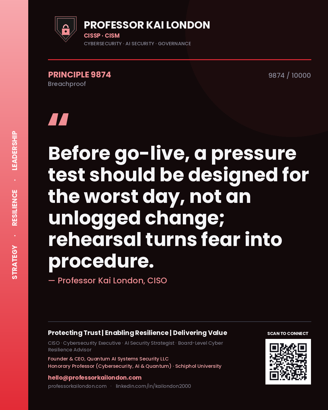 Professor Kai London principle 9874: Before go-live, a pressure test should be designed for the worst day, not an unlogged change; rehearsal turns fear into procedure.