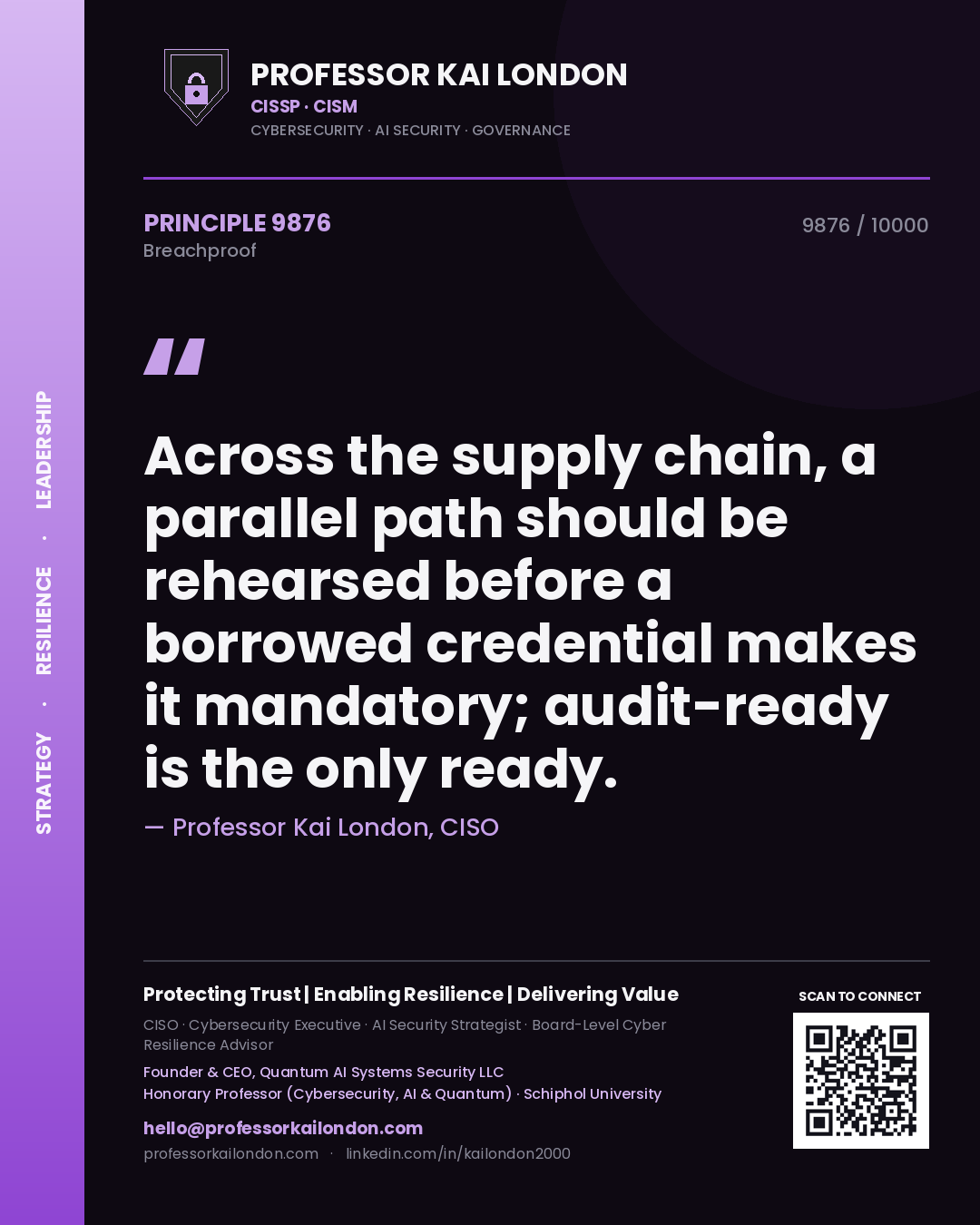 Quote card by Professor Kai London reading 'Across the supply chain, a parallel path should be rehearsed before a borrowed credential makes it mandatory; audit-ready is the only ready.'. From the book Breachproof.