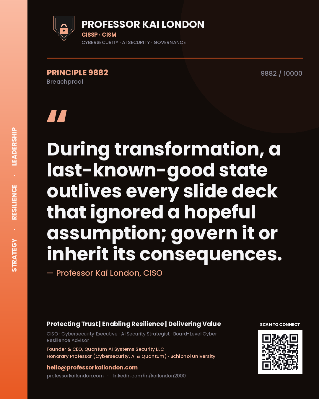Quote card by Professor Kai London reading 'During transformation, a last-known-good state outlives every slide deck that ignored a hopeful assumption; govern it or inherit its consequences.'. From the book Breachproof.