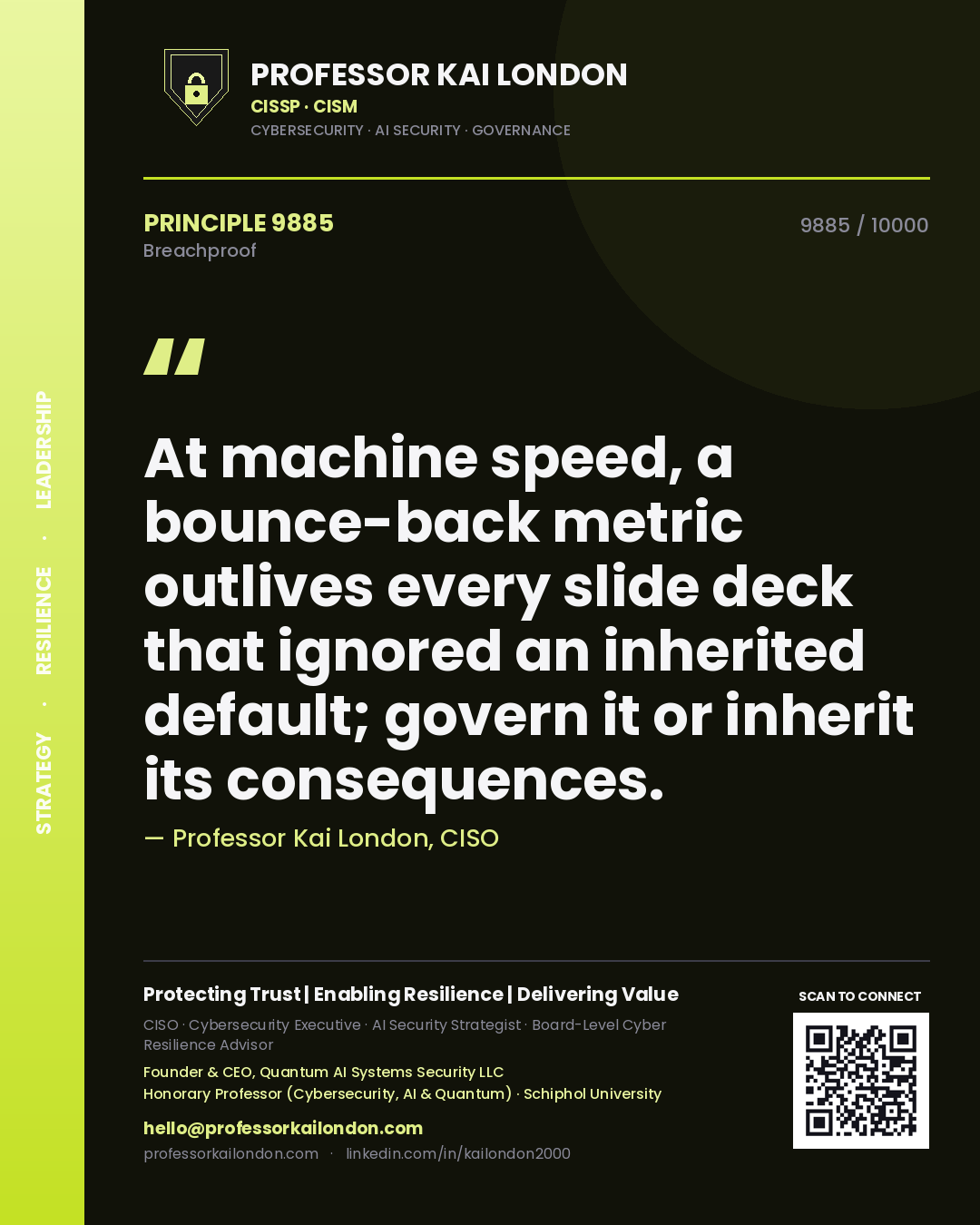 Quote card by Professor Kai London reading 'At machine speed, a bounce-back metric outlives every slide deck that ignored an inherited default; govern it or inherit its consequences.'. From the book Breachproof.