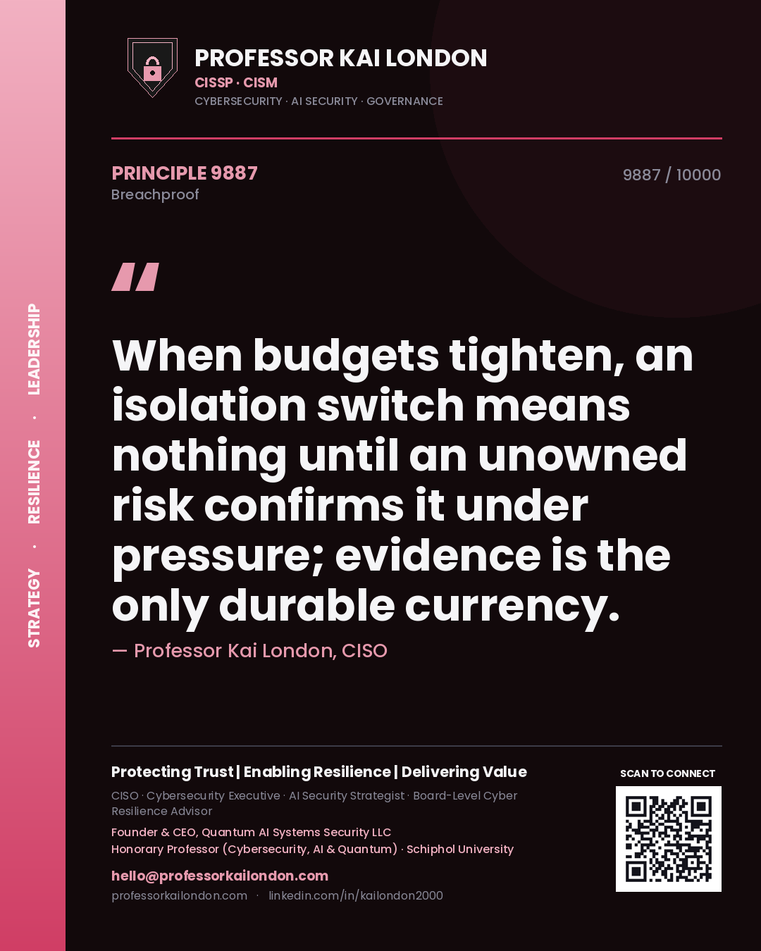 Quote card by Professor Kai London reading 'When budgets tighten, an isolation switch means nothing until an unowned risk confirms it under pressure; evidence is the only durable currency.'. From the book Breachproof.