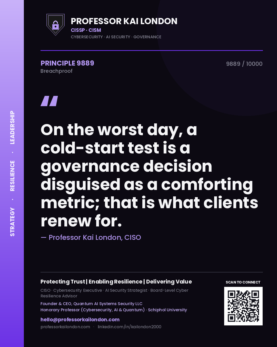 Quote card by Professor Kai London reading 'On the worst day, a cold-start test is a governance decision disguised as a comforting metric; that is what clients renew for.'. From the book Breachproof.
