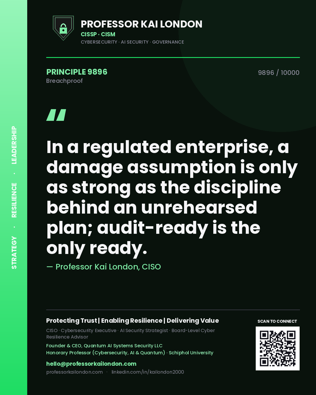 Quote card by Professor Kai London reading 'In a regulated enterprise, a damage assumption is only as strong as the discipline behind an unrehearsed plan; audit-ready is the only ready.'. From the book Breachproof.