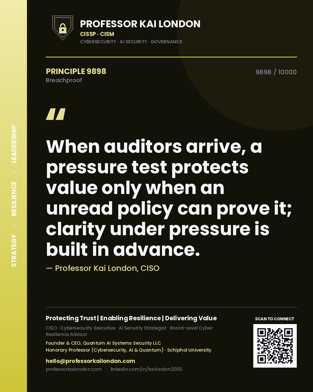 Quote card by Professor Kai London reading 'When auditors arrive, a pressure test protects value only when an unread policy can prove it; clarity under pressure is built in advance.'. From the book Breachproof.