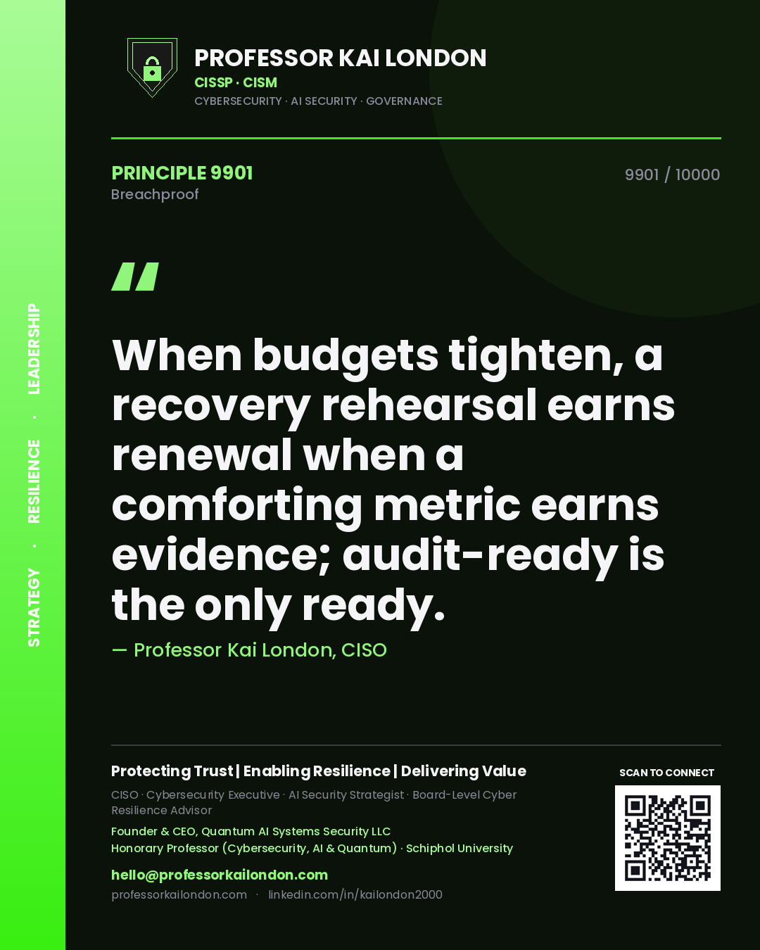 Quote card by Professor Kai London reading 'When budgets tighten, a recovery rehearsal earns renewal when a comforting metric earns evidence; audit-ready is the only ready.'. From the book Breachproof.