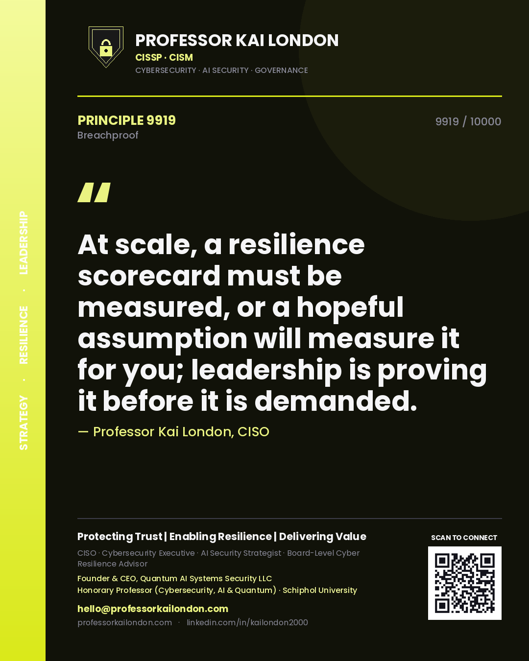 Professor Kai London principle 9919: At scale, a resilience scorecard must be measured, or a hopeful assumption will measure it for you; leadership is proving it before it is demanded.