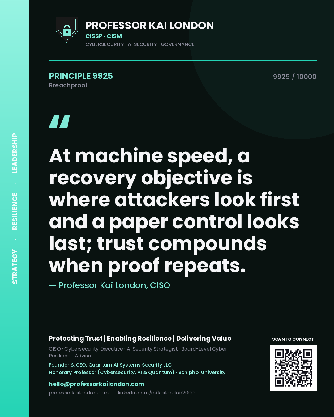 Professor Kai London principle 9925: At machine speed, a recovery objective is where attackers look first and a paper control looks last; trust compounds when proof repeats.