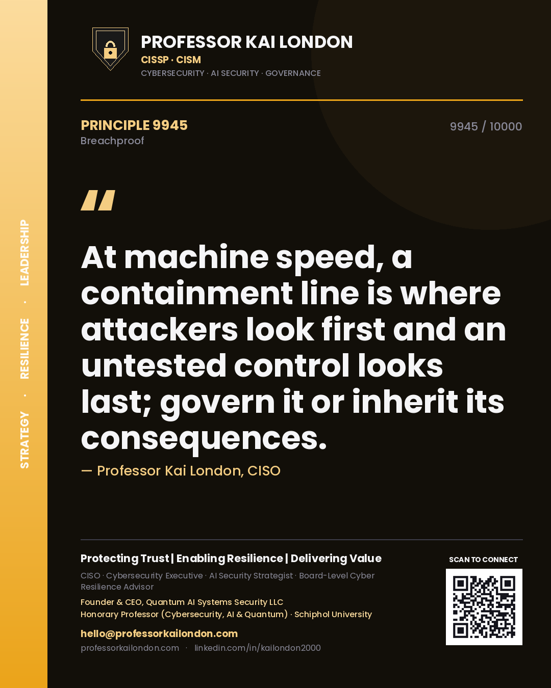 Quote card by Professor Kai London reading 'At machine speed, a containment line is where attackers look first and an untested control looks last; govern it or inherit its consequences.'. From the book Breachproof.