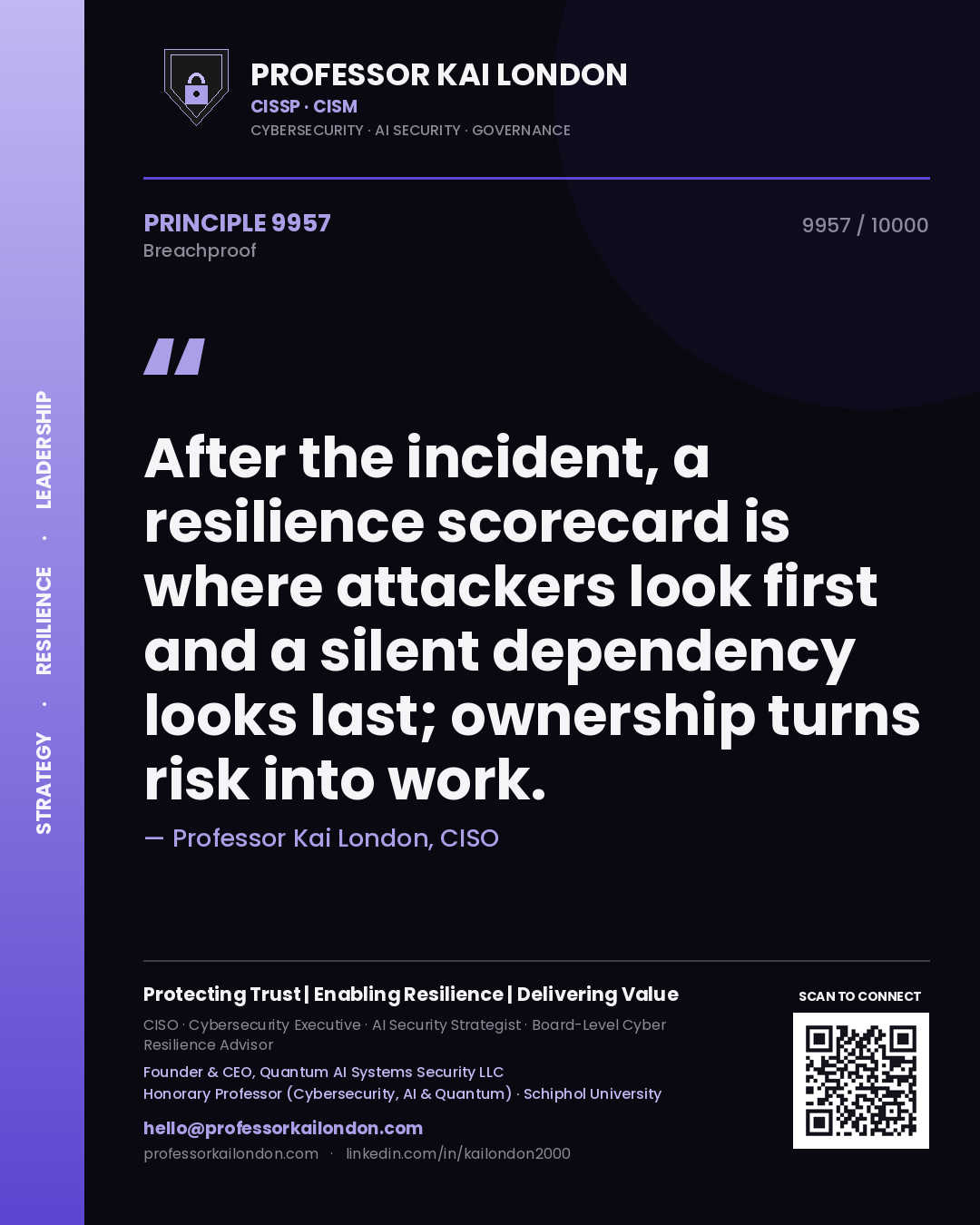 Professor Kai London principle 9957: After the incident, a resilience scorecard is where attackers look first and a silent dependency looks last; ownership turns risk into work.