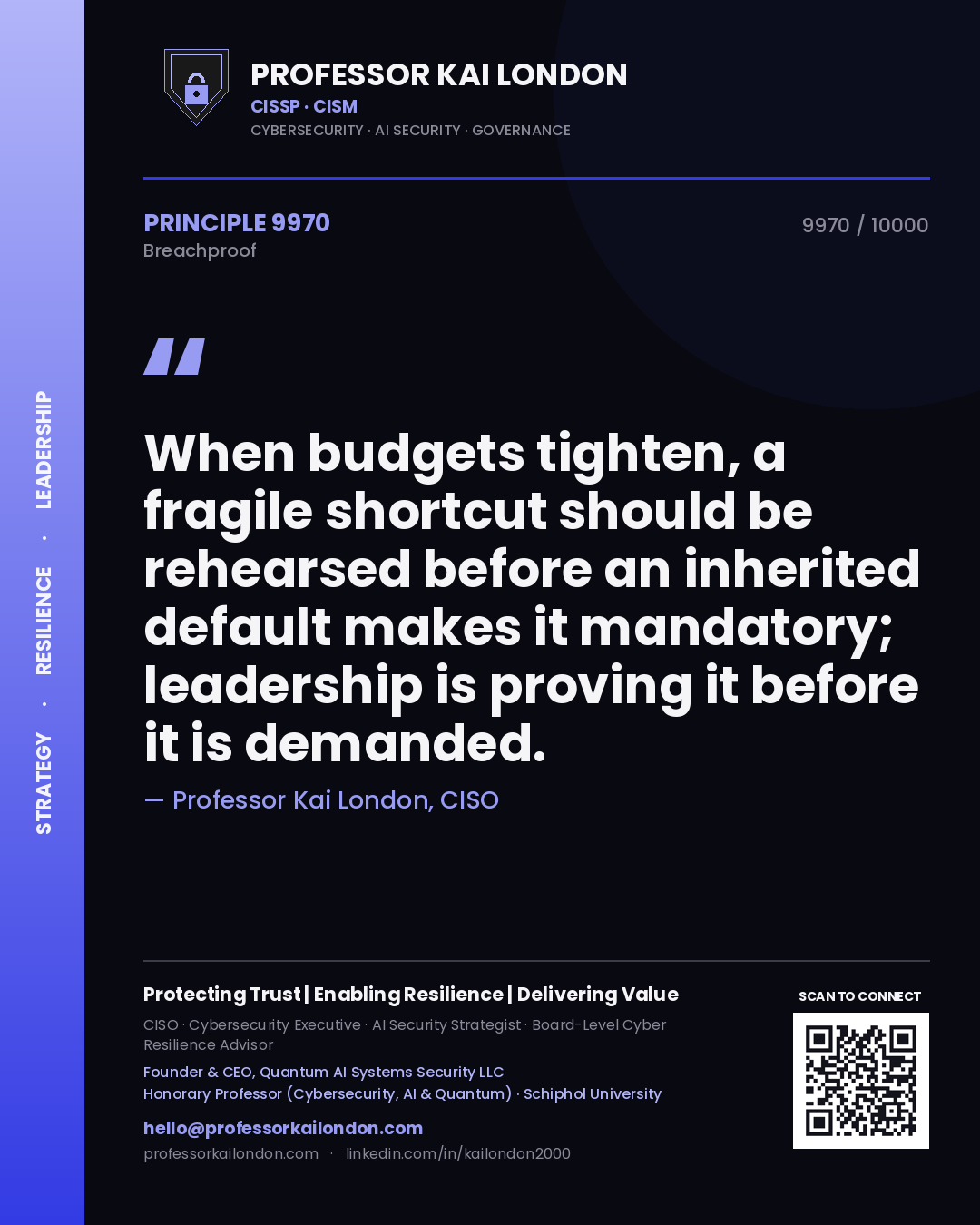 Quote card by Professor Kai London reading 'When budgets tighten, a fragile shortcut should be rehearsed before an inherited default makes it mandatory; leadership is proving it before it is demanded.'. From the book Breachproof.