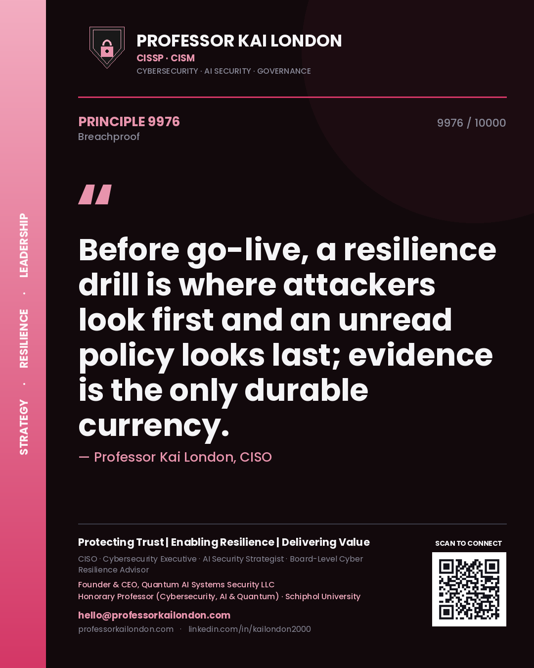 Professor Kai London principle 9976: Before go-live, a resilience drill is where attackers look first and an unread policy looks last; evidence is the only durable currency.