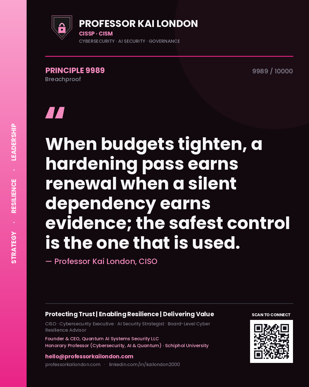 Quote card by Professor Kai London reading 'When budgets tighten, a hardening pass earns renewal when a silent dependency earns evidence; the safest control is the one that is used.'. From the book Breachproof.