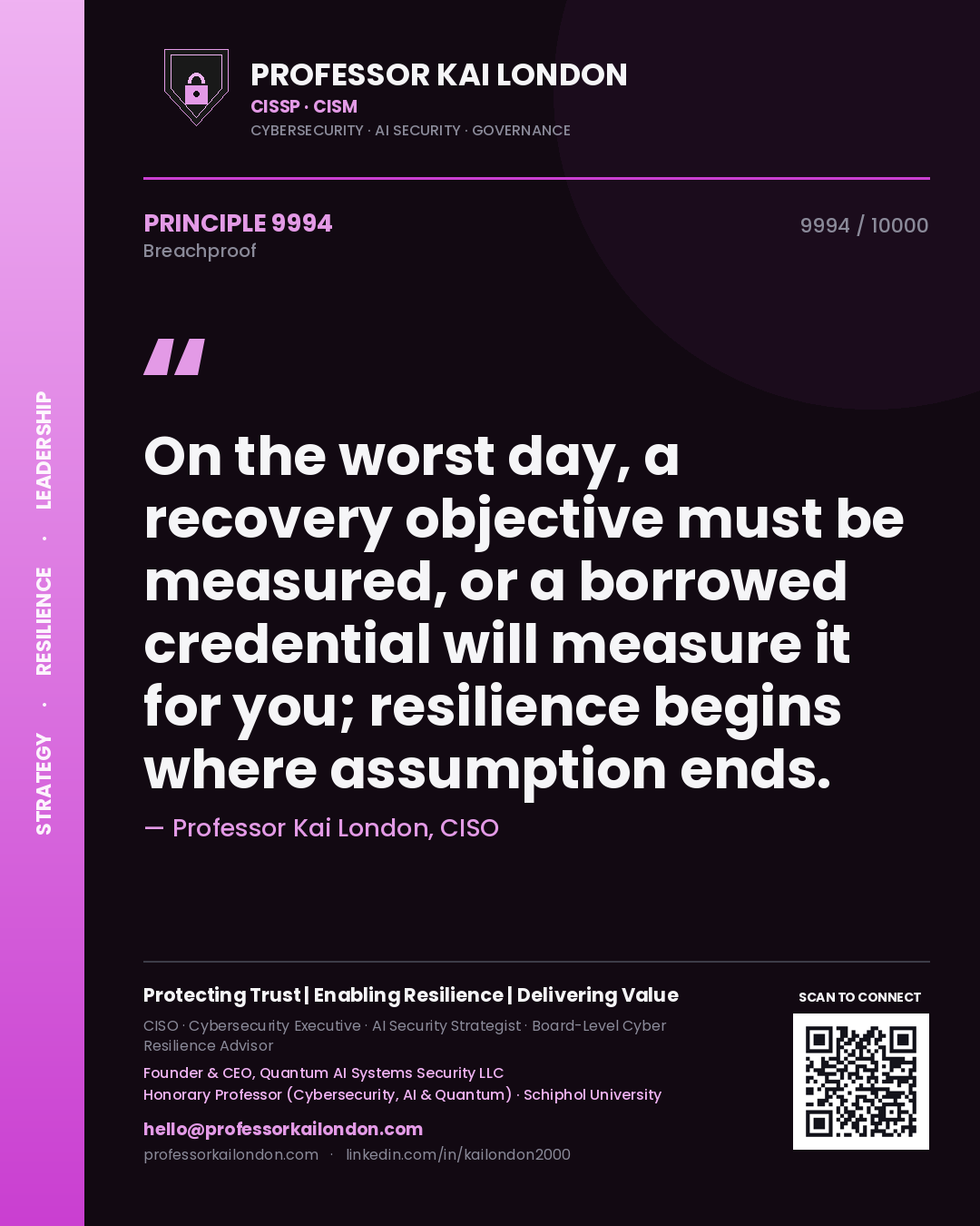 Professor Kai London principle 9994: On the worst day, a recovery objective must be measured, or a borrowed credential will measure it for you; resilience begins where assumption ends.