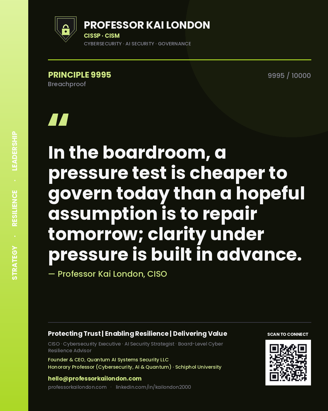Professor Kai London principle 9995: In the boardroom, a pressure test is cheaper to govern today than a hopeful assumption is to repair tomorrow; clarity under pressure is built in advance.
