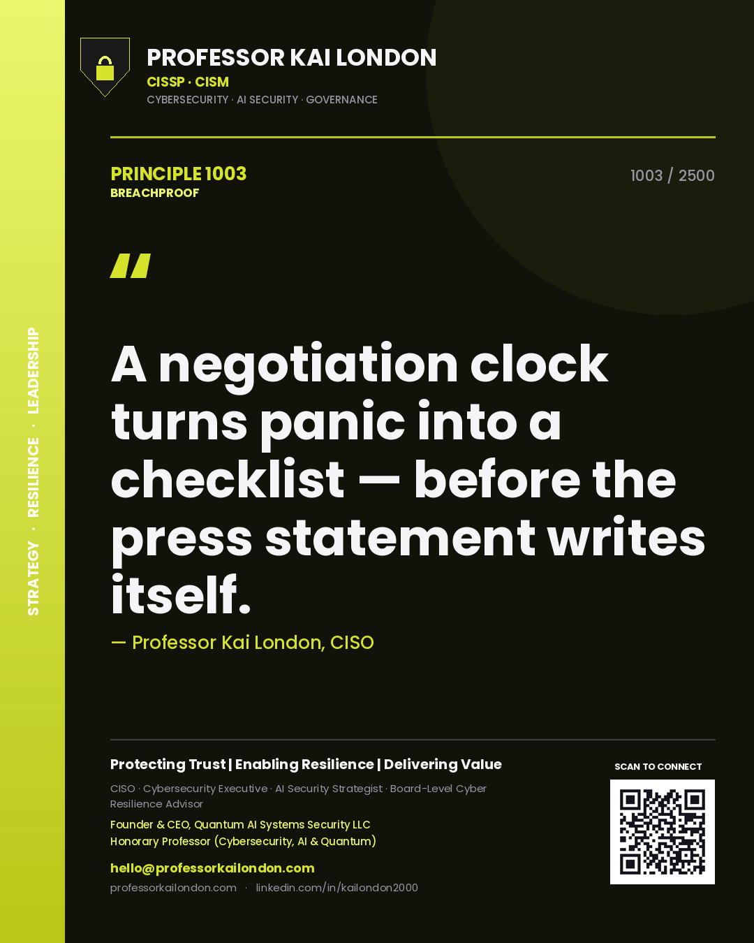 Quote card by Professor Kai London reading 'A negotiation clock turns panic into a checklist — before the press statement writes itself.'. From the book Breachproof.