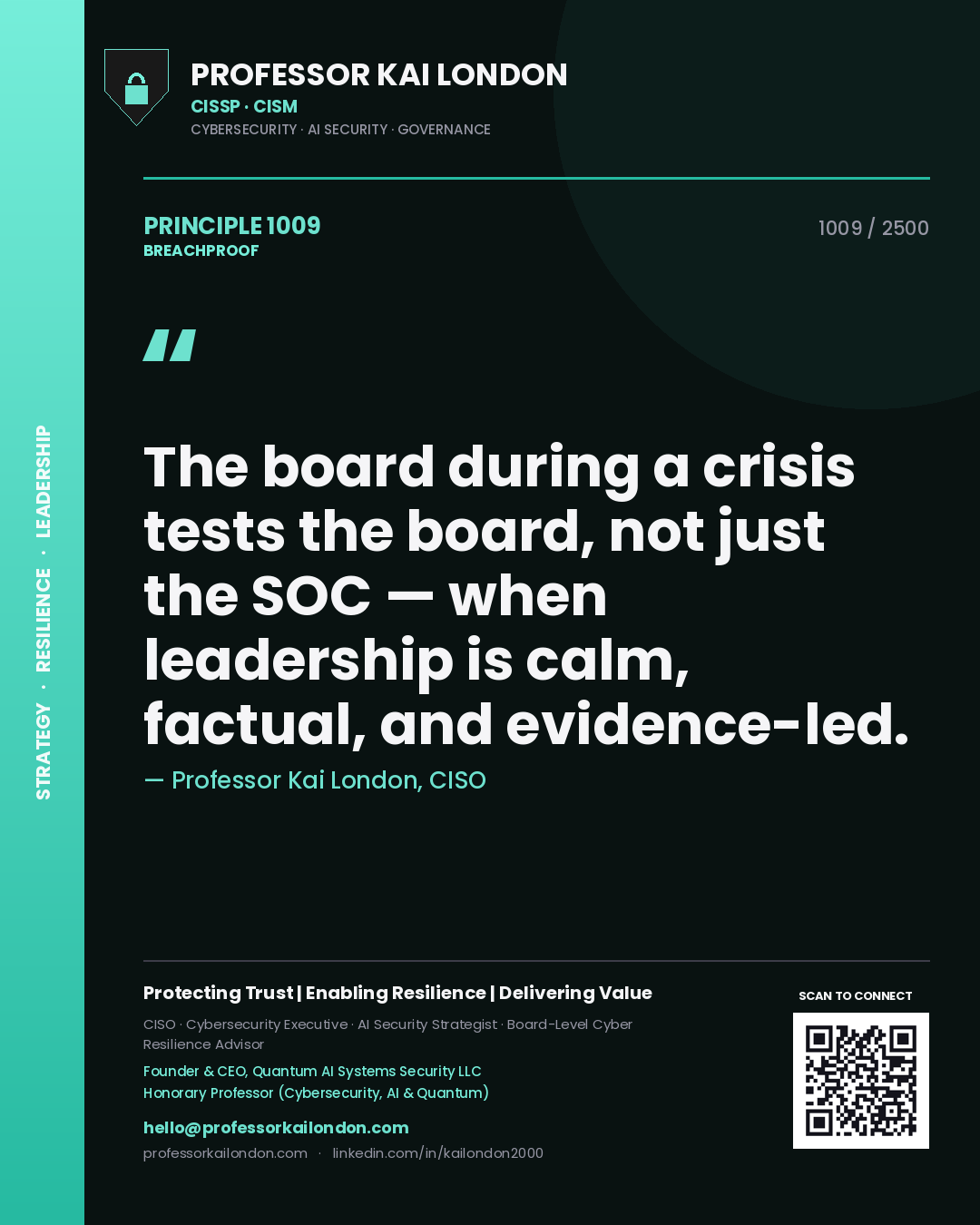 Professor Kai London principle 1009: The board during a crisis tests the board, not just the SOC — when leadership is calm, factual, and evidence-led.