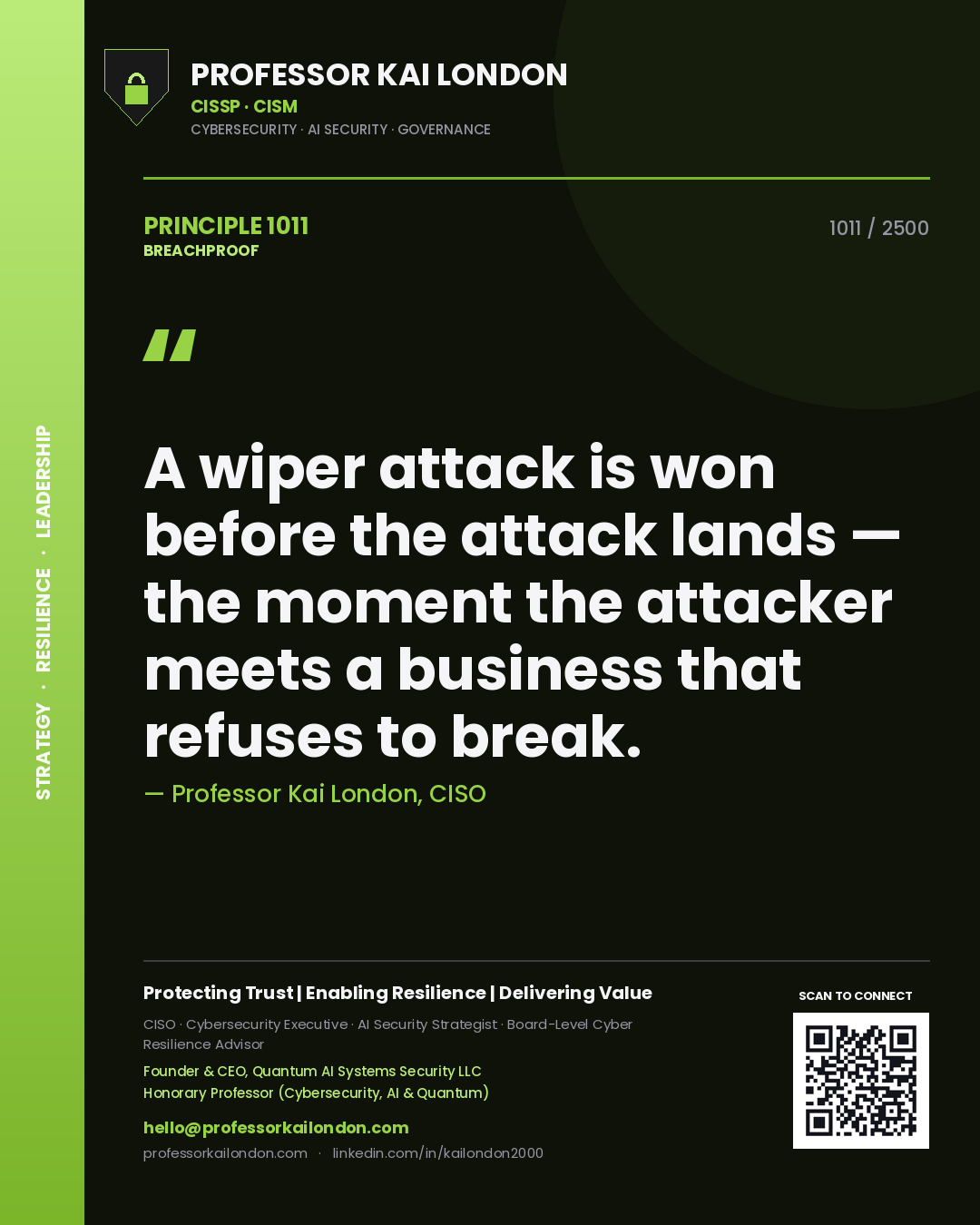 Quote card by Professor Kai London reading 'A wiper attack is won before the attack lands — the moment the attacker meets a business that refuses to break.'. From the book Breachproof.