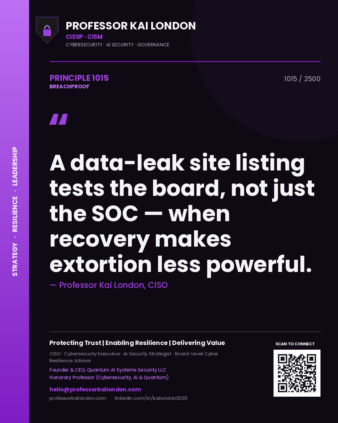 Quote card by Professor Kai London reading 'A data-leak site listing tests the board, not just the SOC — when recovery makes extortion less powerful.'. From the book Breachproof.