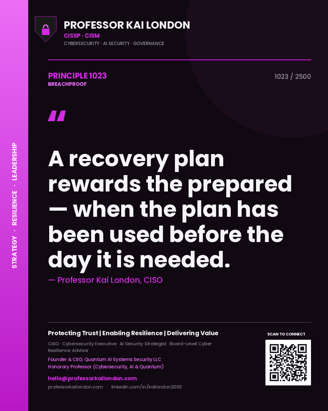 Quote card by Professor Kai London reading 'A recovery plan rewards the prepared — when the plan has been used before the day it is needed.'. From the book Breachproof.