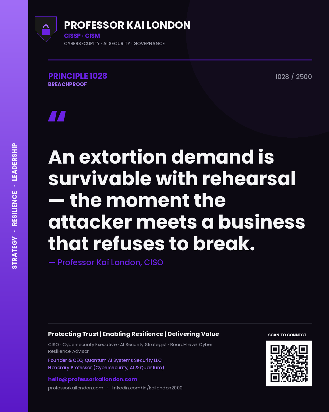 Professor Kai London principle 1028: An extortion demand is survivable with rehearsal — the moment the attacker meets a business that refuses to break.