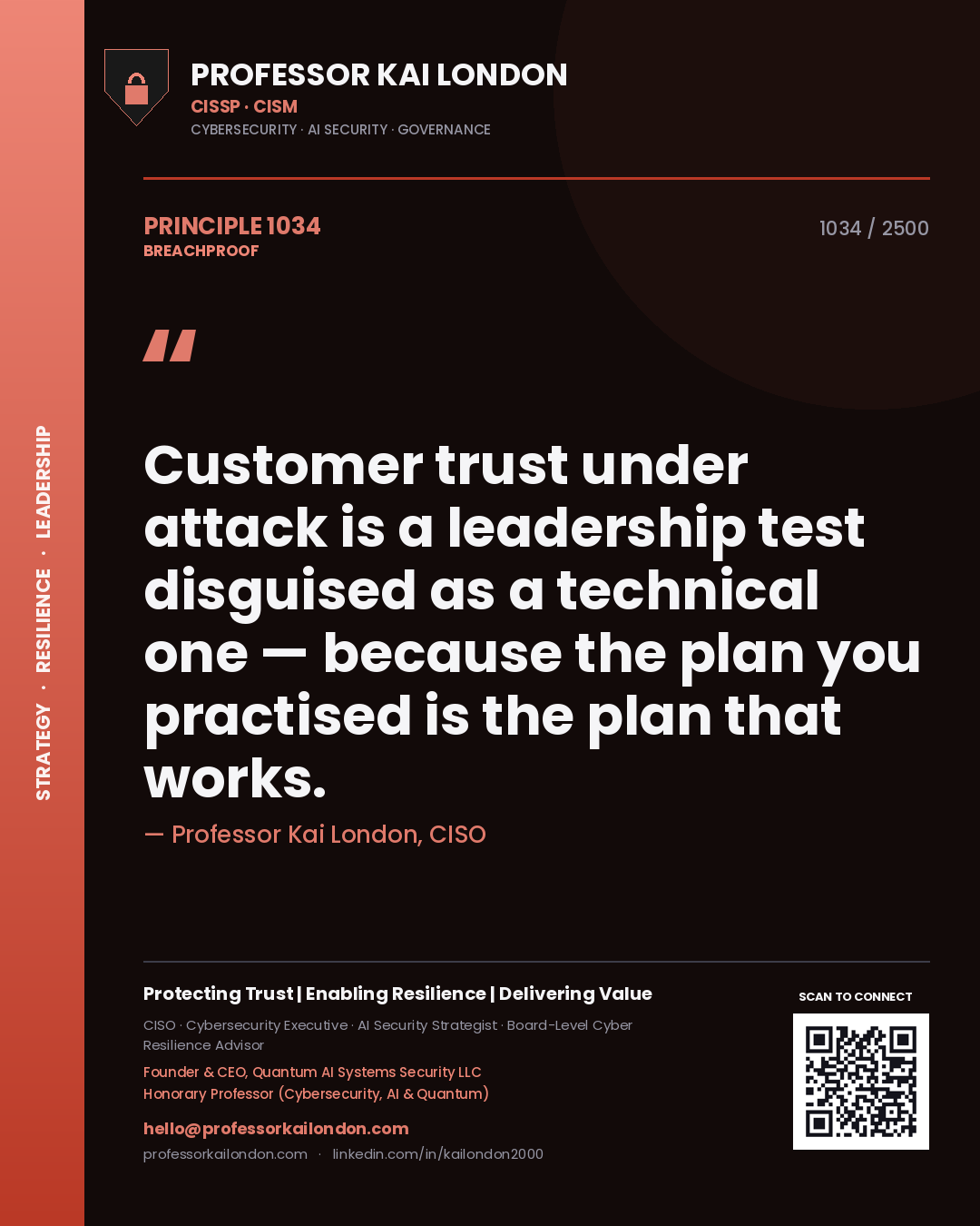 Professor Kai London principle 1034: Customer trust under attack is a leadership test disguised as a technical one — because the plan you practised is the plan that works.