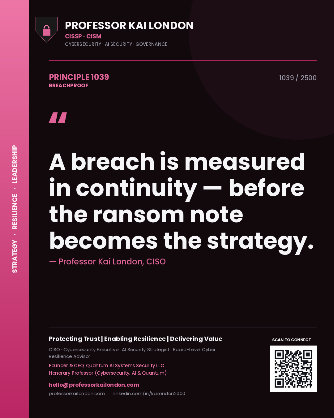Quote card by Professor Kai London reading 'A breach is measured in continuity — before the ransom note becomes the strategy.'. From the book Breachproof.