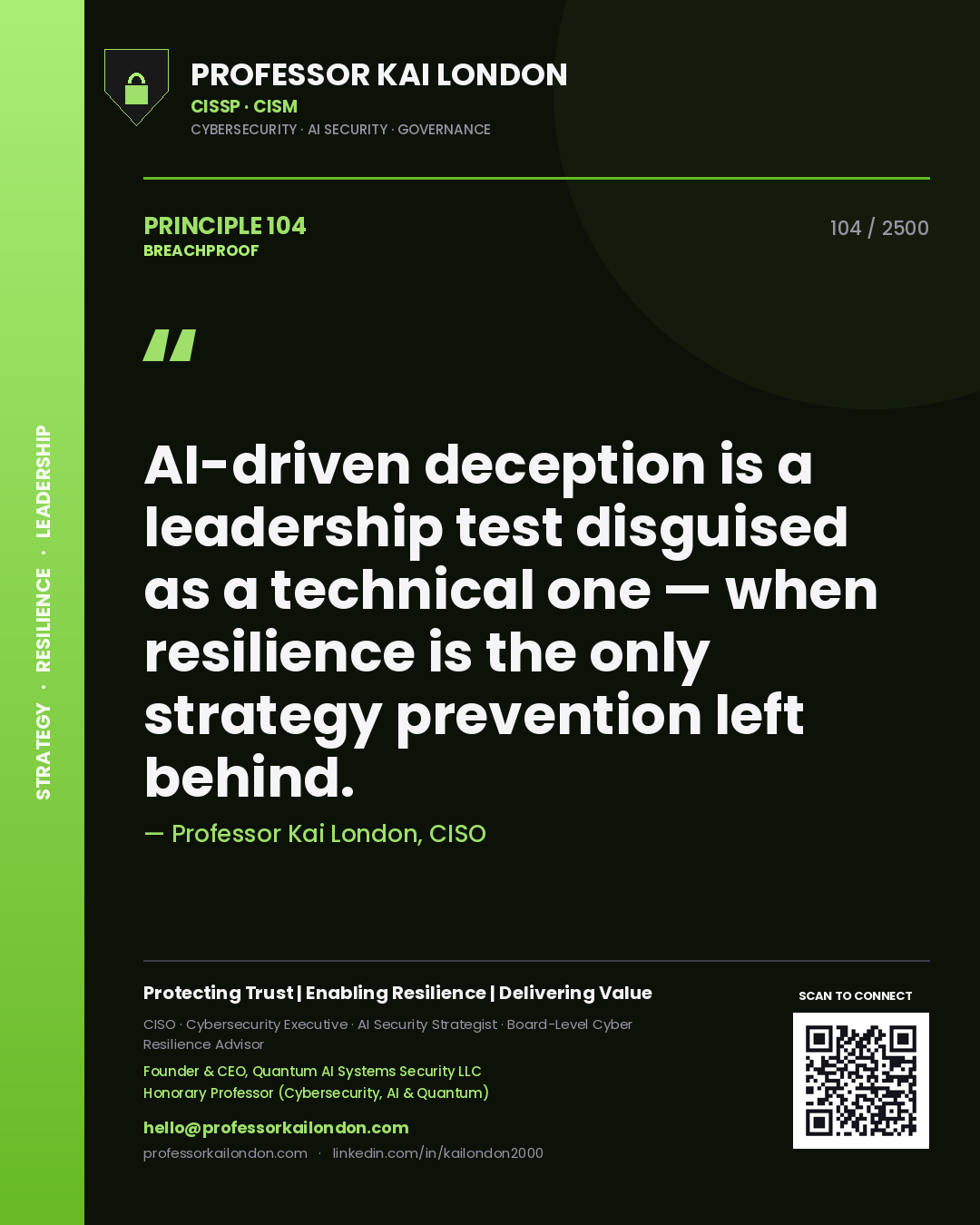 Quote card by Professor Kai London reading 'AI-driven deception is a leadership test disguised as a technical one — when resilience is the only strategy prevention left behind.'. From the book Breachproof.
