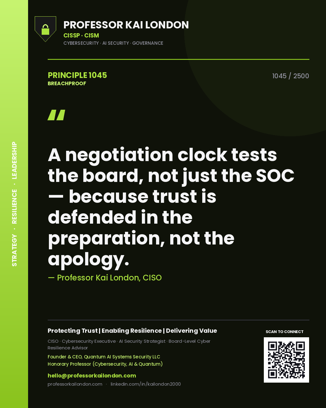 Quote card by Professor Kai London reading 'A negotiation clock tests the board, not just the SOC — because trust is defended in the preparation, not the apology.'. From the book Breachproof.