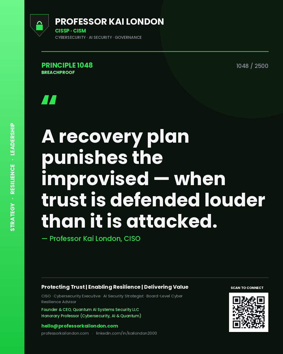 Quote card by Professor Kai London reading 'A recovery plan punishes the improvised — when trust is defended louder than it is attacked.'. From the book Breachproof.