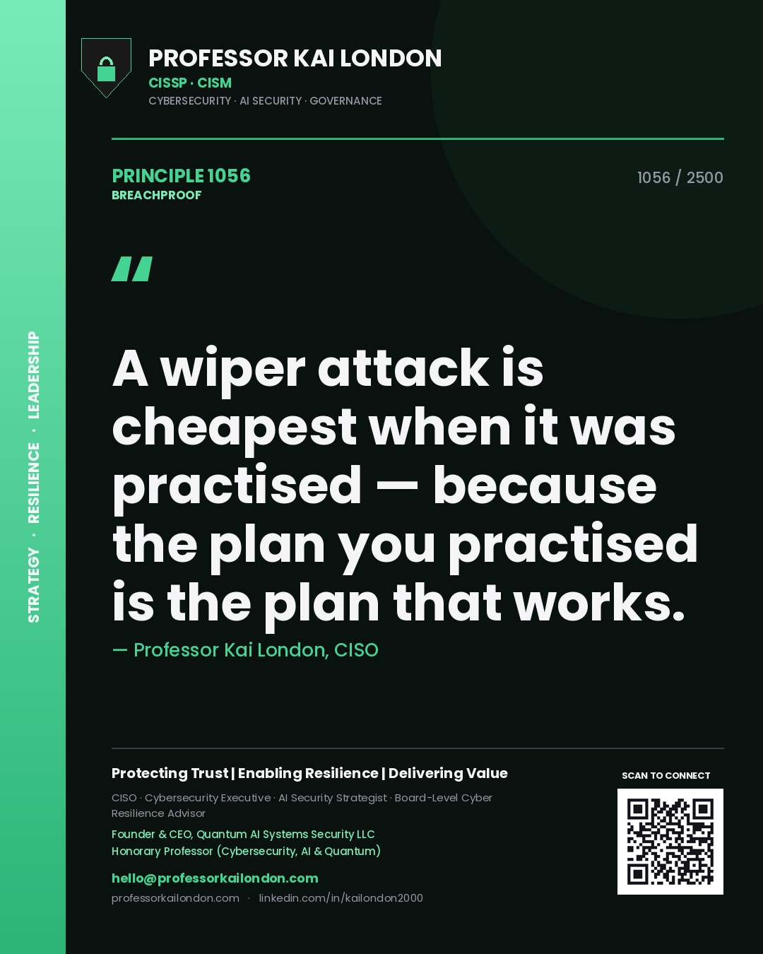 Professor Kai London principle 1056: A wiper attack is cheapest when it was practised — because the plan you practised is the plan that works.