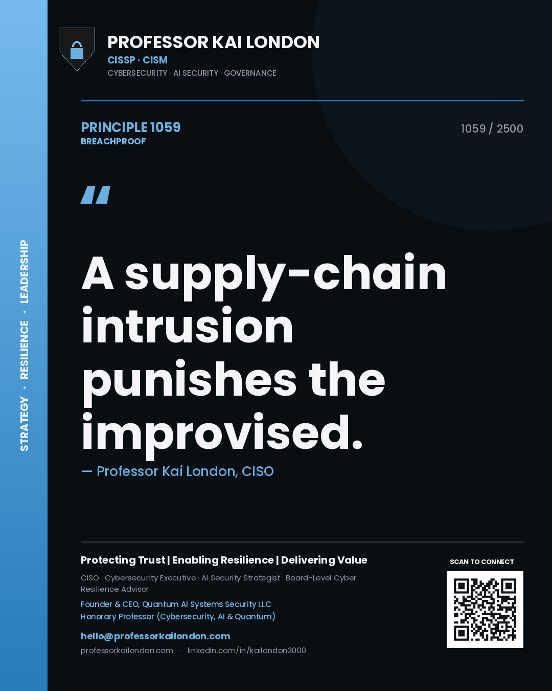 Quote card by Professor Kai London reading 'A supply-chain intrusion punishes the improvised.'. From the book Breachproof.