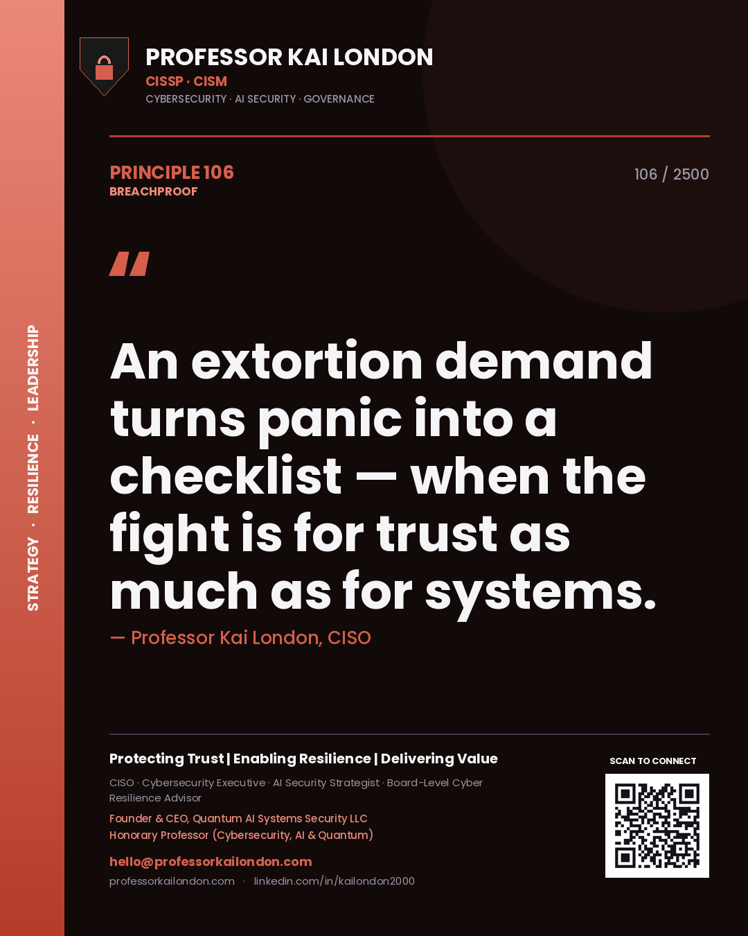 Quote card by Professor Kai London reading 'An extortion demand turns panic into a checklist — when the fight is for trust as much as for systems.'. From the book Breachproof.