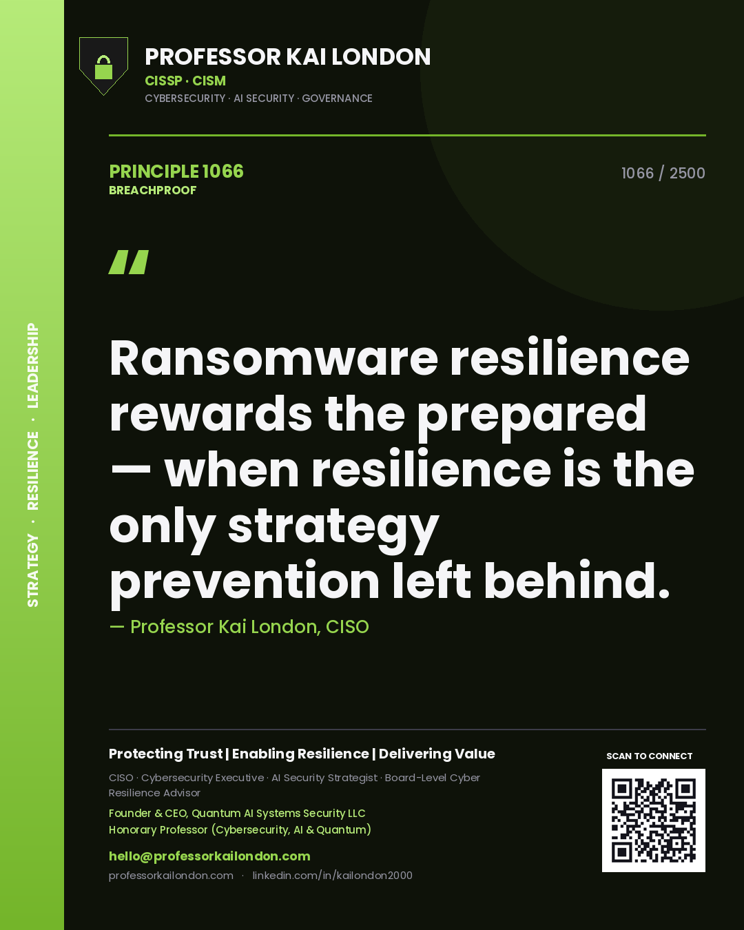Professor Kai London principle 1066: Ransomware resilience rewards the prepared — when resilience is the only strategy prevention left behind.