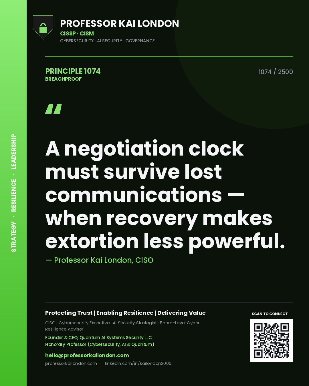 Professor Kai London principle 1074: A negotiation clock must survive lost communications — when recovery makes extortion less powerful.