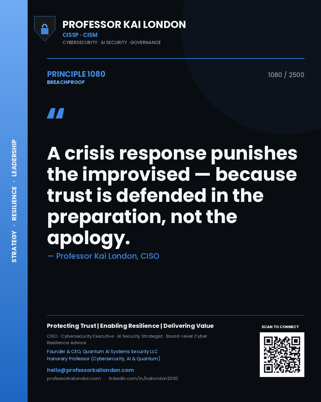Professor Kai London principle 1080: A crisis response punishes the improvised — because trust is defended in the preparation, not the apology.