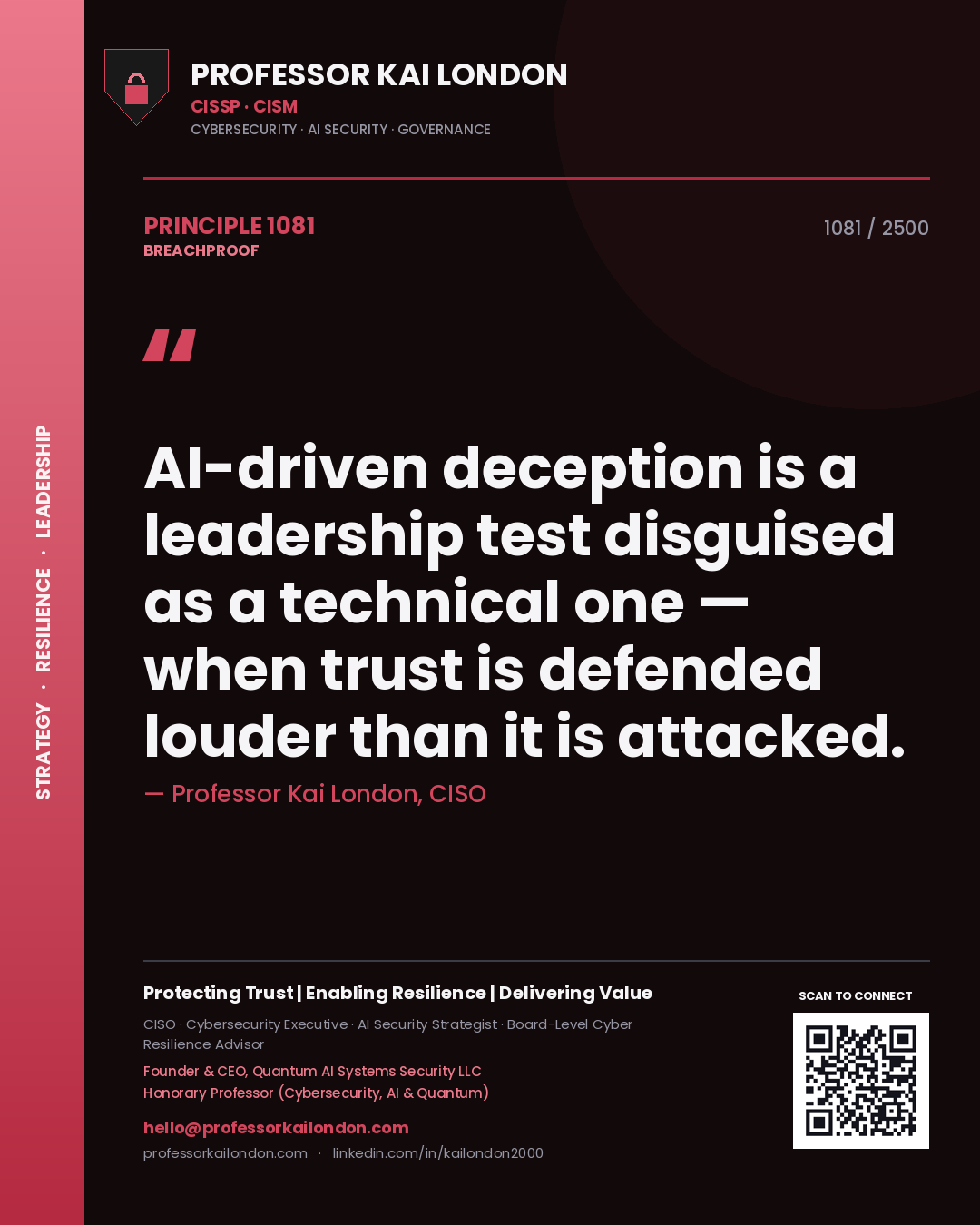 Quote card by Professor Kai London reading 'AI-driven deception is a leadership test disguised as a technical one — when trust is defended louder than it is attacked.'. From the book Breachproof.