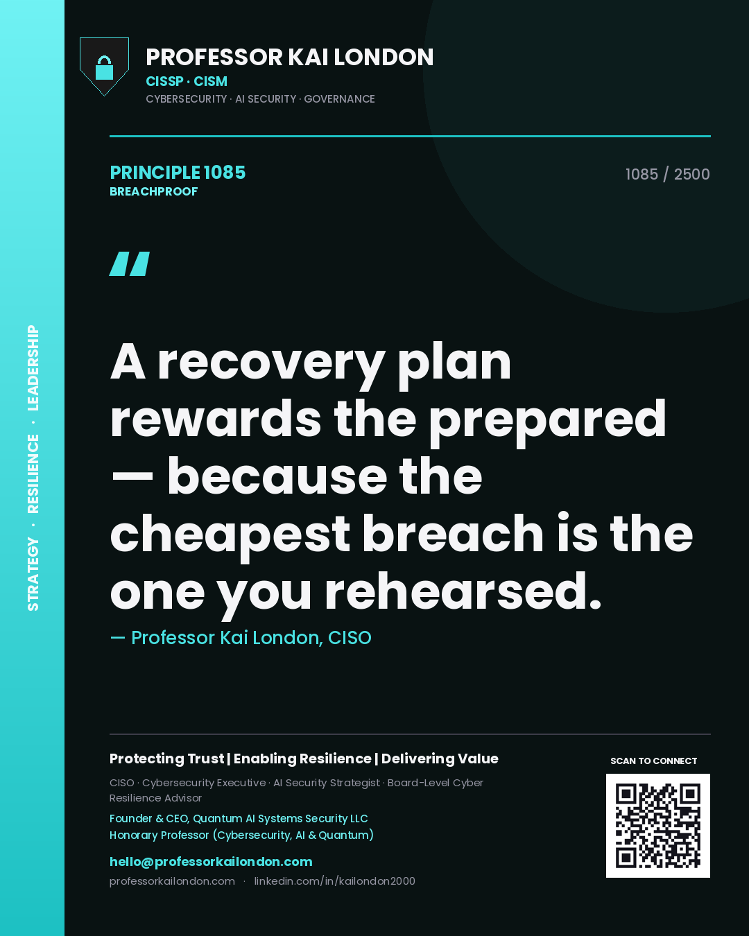 Quote card by Professor Kai London reading 'A recovery plan rewards the prepared — because the cheapest breach is the one you rehearsed.'. From the book Breachproof.