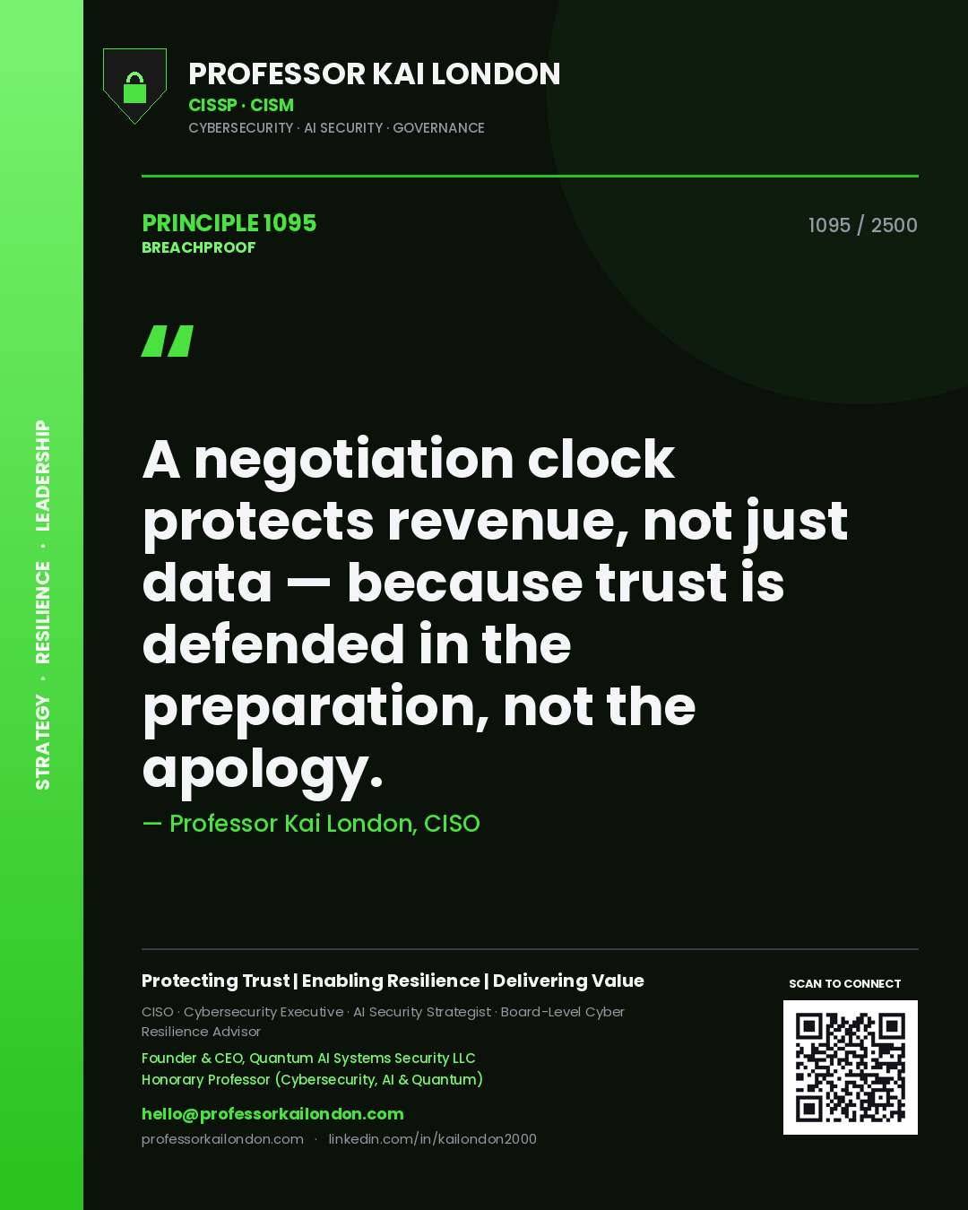 Professor Kai London principle 1095: A negotiation clock protects revenue, not just data — because trust is defended in the preparation, not the apology.