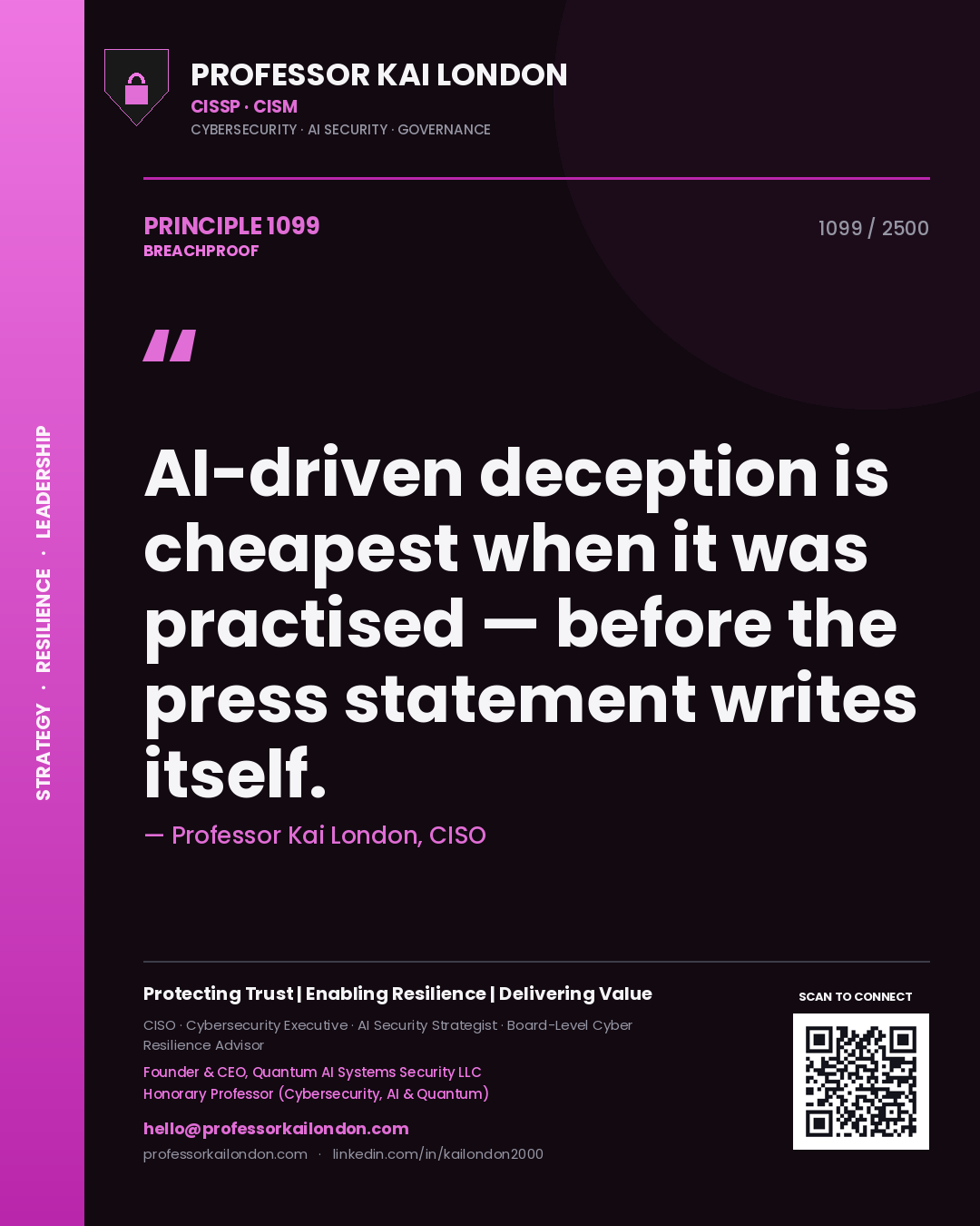 Professor Kai London principle 1099: AI-driven deception is cheapest when it was practised — before the press statement writes itself.