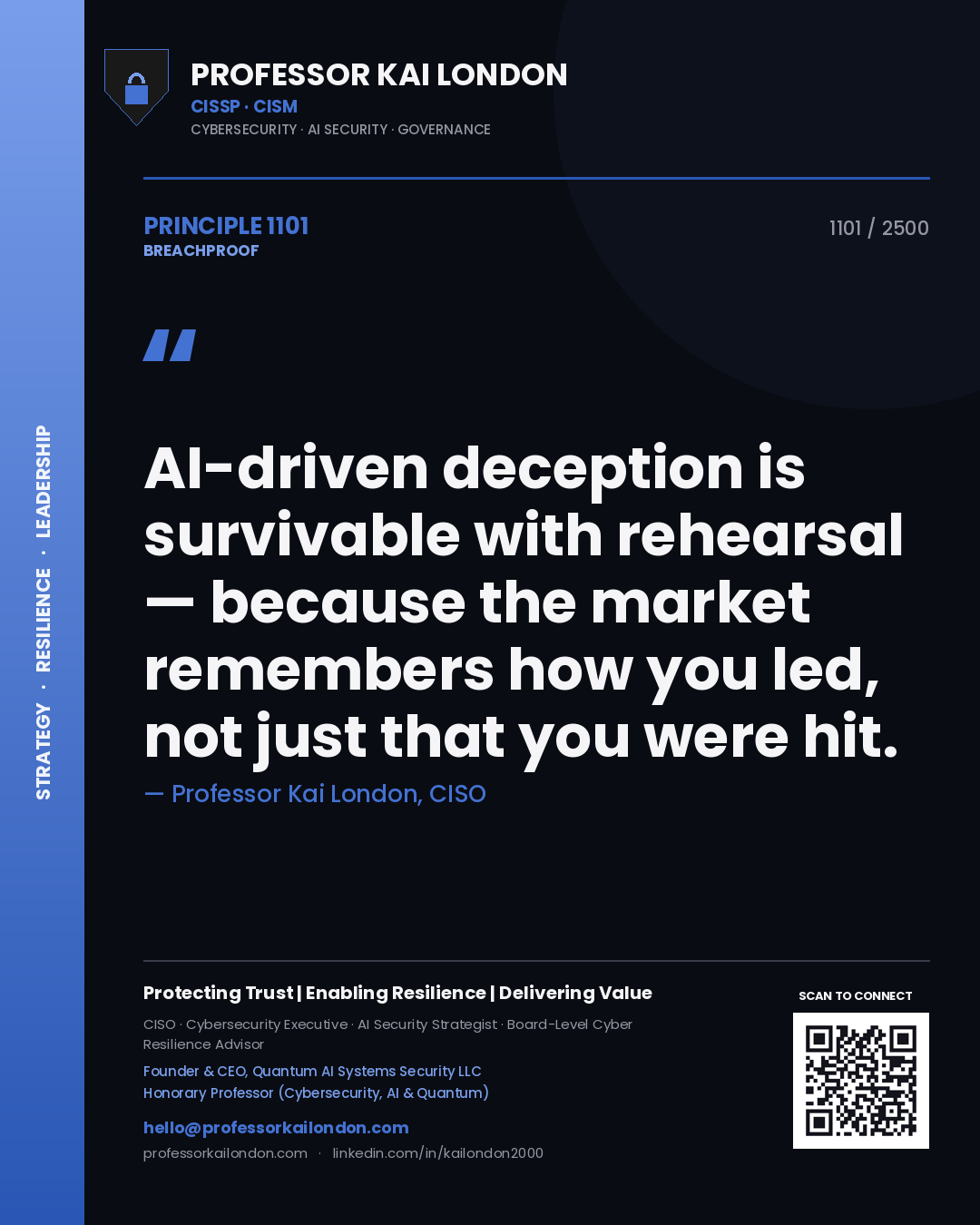 Quote card by Professor Kai London reading 'AI-driven deception is survivable with rehearsal — because the market remembers how you led, not just that you were hit.'. From the book Breachproof.
